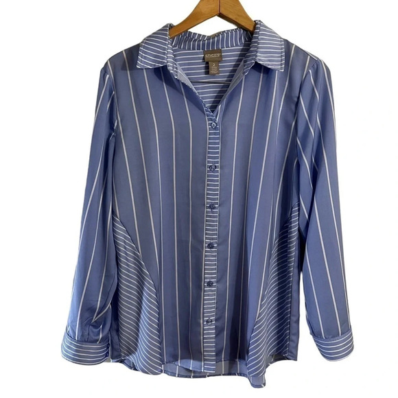 Chicos Striped Button Up Shirt Size 2 Blue Purple White Collared Long Sleeves - Picture 1 of 9